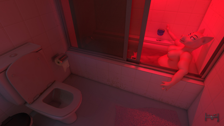 3d_(artwork) alcohol anthro bathing bathroom bathtub beverage big_breasts breasts digital_media_(artwork) domestic_pig female hi_res ivy_hoff luke_hoff mammal overweight overweight_anthro overweight_female solo suid suina sus_(pig) toilet toilet_paper wine wine_glass