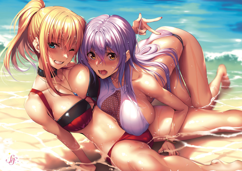 2girls all_fours arm_support ass ayase_kaya ayase_touka_(piromizu) bare_legs barefoot beach bikini blonde_hair blue_eyes blurry blurry_background breasts brown_eyes choker cleavage cleft_of_venus depth_of_field eyebrows_visible_through_hair grin jewelry large_breasts long_hair looking_at_viewer lossy-lossless multiple_girls nail_polish necklace non-web_source open_mouth original outdoors piromizu ponytail purple_hair red_bikini red_nails sidelocks sitting smile swimsuit untying water yokozuwari