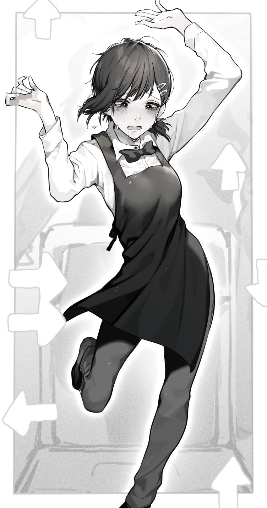 1girl absurdres apron arms_up arrow_(symbol) bangs black_hair black_neckwear bow bowtie chainsaw_man crying dance_pad dancing formal greyscale hair_ornament hair_strand hairclip higashiyama_kobeni highres leg_up long_sleeves looking_down medium_hair messy_hair mole mole_under_eye mole_under_mouth monochrome open_mouth outside_border pants raised_eyebrows shirt shoes short_hair short_ponytail solo st_(youx1119) standing tears unhappy white_shirt