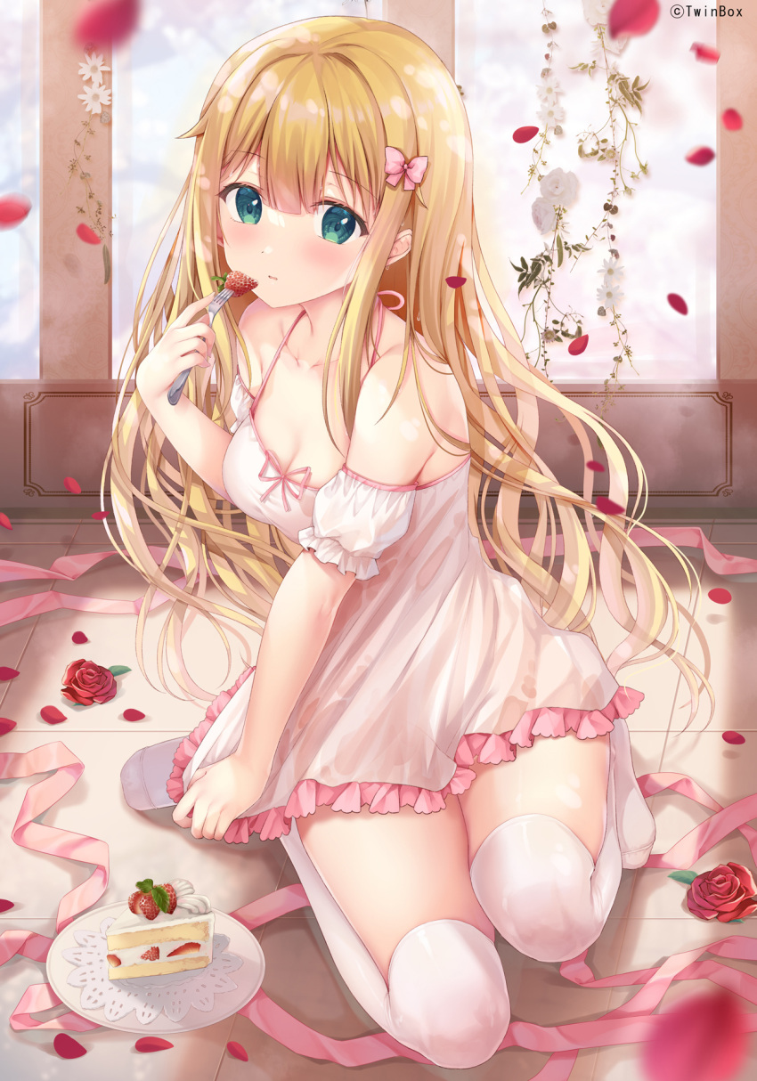 1girl bangs bare_shoulders blonde_hair blush bow breasts cake cleavage collarbone dessert dress eating eyebrows_visible_through_hair flower food fork frilled_dress frills fruit full_body green_eyes hair_bow highres holding holding_fork inagaki_minami indoors kneeling long_hair looking_at_viewer medium_breasts off_shoulder original parted_lips petals pink_bow pink_ribbon ribbon rose short_sleeves solo sousouman strawberry thighhighs tile_floor tiles white_dress white_legwear