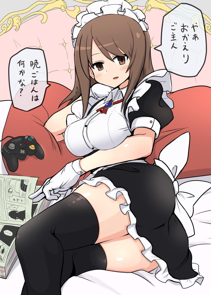 1girl absurdres alternate_costume alternate_headwear apron back_bow bangs bed_sheet black_dress black_legwear border bow breasts brooch brown_eyes brown_hair collared_dress commentary dress enmaided frilled_dress frills gamecube_controller girls_und_panzer gloves highres jewelry kumo_(atm) large_breasts legs long_hair looking_at_viewer lying maid maid_apron manga_(object) mika_(girls_und_panzer) neck_ribbon on_bed on_side parted_lips pillow puffy_short_sleeves puffy_sleeves red_neckwear ribbon short_dress short_sleeves smile solo thighhighs translated white_apron white_border white_gloves wing_collar