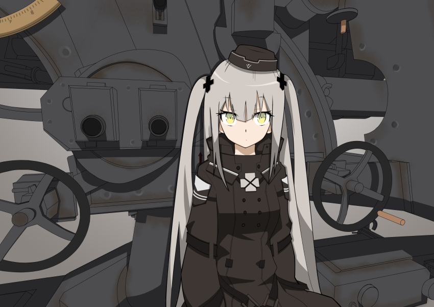 1girl 3d 88_flak_(ash_arms) absurdres ash_arms black_clothes green_eyes grey_hair hat highres long_hair ryan292989 sitting sleeves tied_hair