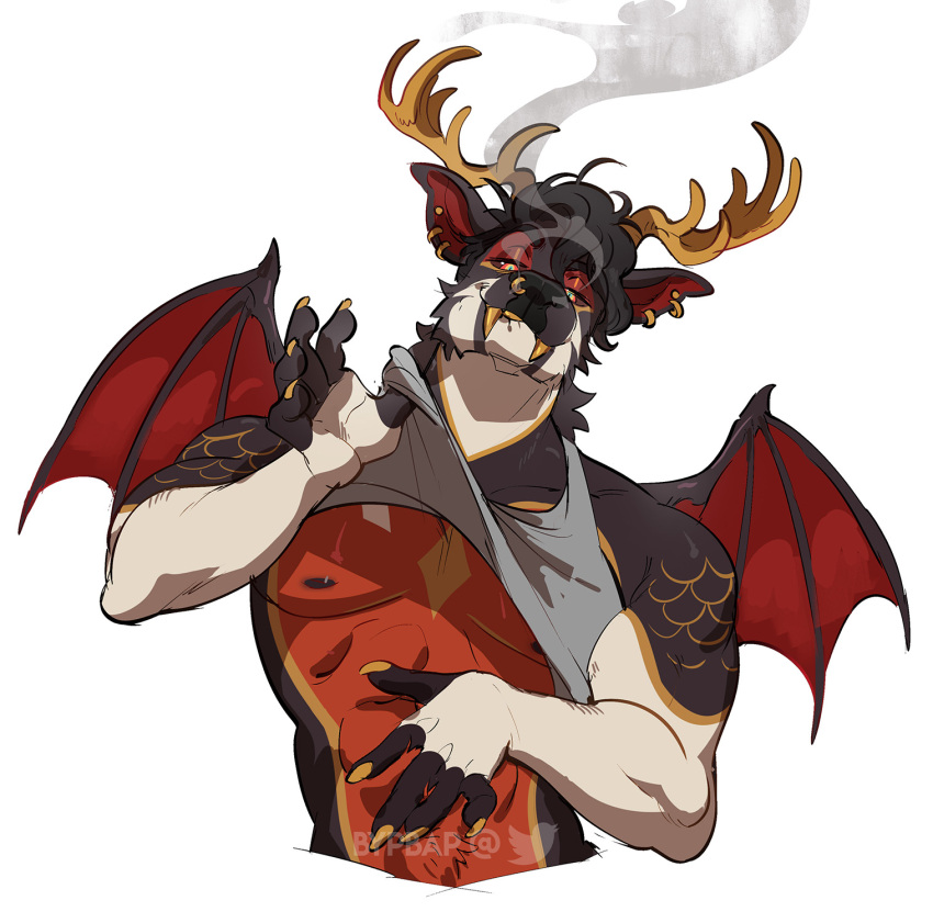 2021 anthro antlers bypbap clothed clothing clothing_lift dragon ear_piercing facial_piercing hi_res horn looking_at_viewer male nose_piercing piercing pubes shirt shirt_lift smile smoke solo tank_top topwear wings