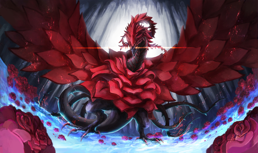 black_rose_dragon dragon duel_monster flower glowing glowing_eyes haltocage no_humans red_flower red_rose rose yu-gi-oh! yu-gi-oh!_5d's
