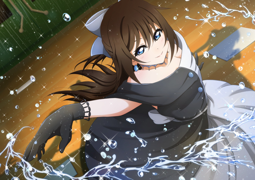 1girl bangs bare_shoulders belt black_belt black_bow black_dress black_gloves black_legwear blue_eyes bow brown_hair buttons choker collarbone dress drop_earrings earrings evening_gown gloves grey_bow hair_between_eyes hair_bow half_updo huge_bow jewelry lace lace_gloves long_hair love_live! love_live!_nijigasaki_high_school_idol_club multicolored multicolored_clothes necklace off-shoulder_dress off_shoulder ousaka_shizuku ponytail satolive20 sidelocks sleeveless sleeveless_dress smile solitude_rain_(love_live!) solo stage two-tone_dress water water_drop white_dress