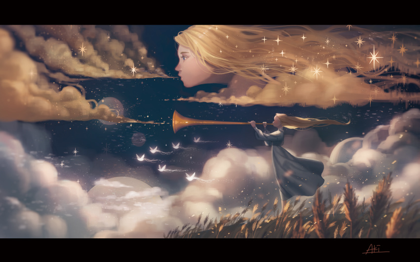 2girls absurdres aki_a0623 bird blonde_hair blue_dress blue_eyes cloud cloudy_sky disembodied_head dove dress field floating_head highres huge_filesize instrument long_hair moon multiple_girls music original playing_instrument profile sky star_(sky) surreal trumpet wavy_hair