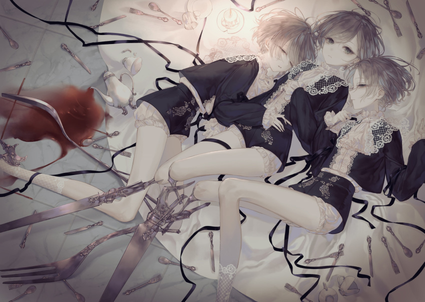 3girls amputee black_shorts candle cup double_amputee fork glowing grey_hair highres knife lace liquid long_sleeves looking_at_viewer lying missing_limb multiple_girls on_back original shadow short_hair shorts spill teacup teapot yoggi_(stretchmen)