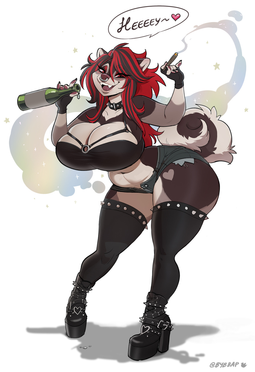 &lt;3 2020 alcohol anthro beverage big_breasts boots breasts bypbap canid canine canis clothed clothing collar dialogue domestic_dog drugs facial_piercing female footwear hi_res legwear looking_at_viewer mammal marijuana mixi_elkhound nose_piercing piercing septum_piercing simple_background skimpy solo spiked_boots spiked_collar spikes standing thick_thighs thigh_highs white_background wide_hips