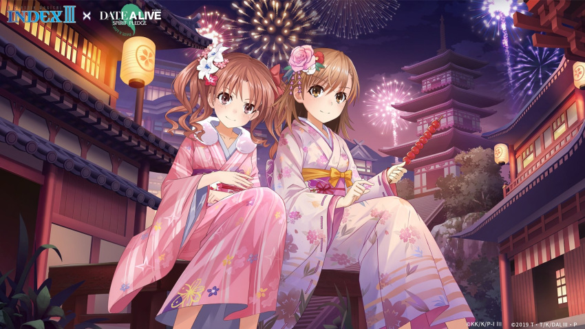 2girls alansabrina118 architecture bangs bench bob_cut brown_eyes brown_hair building chinese_commentary cloud dango east_asian_architecture festival fireworks floral_print flower food fur_collar hair_flower hair_ornament highres holding holding_food japanese_clothes kimono lantern light_blush looking_at_viewer misaka_mikoto multiple_girls night night_sky obi on_bench pagoda paper_lantern pink_flower pink_kimono pink_rose pink_sash plant purple_sash red_flower rose sash shirai_kuroko short_hair sitting sky smile tile_roof toaru_kagaku_no_railgun toaru_majutsu_no_index tree twintails wagashi white_flower white_lily