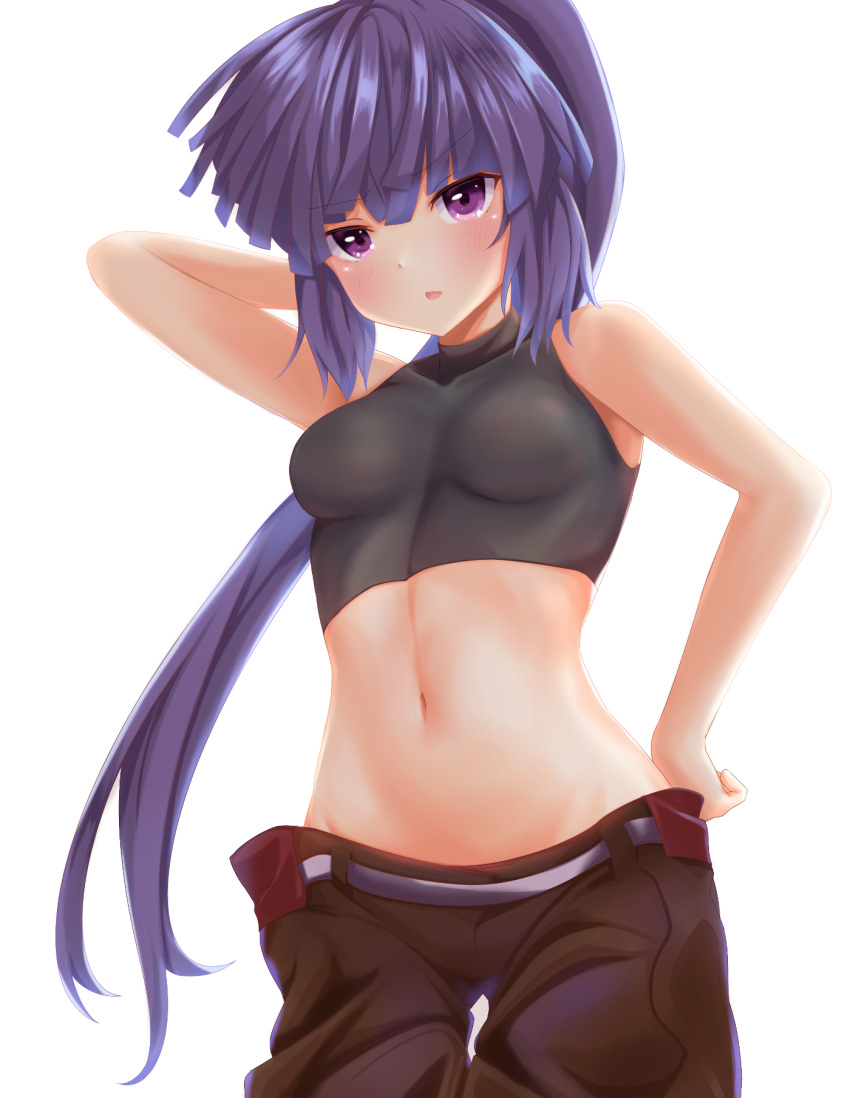 1girl akatsuki_(log_horizon) arm_up backlighting bangs black_pants blush breasts breasts_apart crop_top eyebrows_visible_through_hair floating_hair groin hair_between_eyes hand_on_hip highres hureemu log_horizon long_hair looking_at_viewer lowleg lowleg_pants midriff navel open_mouth pants ponytail purple_eyes purple_hair shiny shiny_hair simple_background small_breasts solo standing stomach thigh_gap very_long_hair white_background