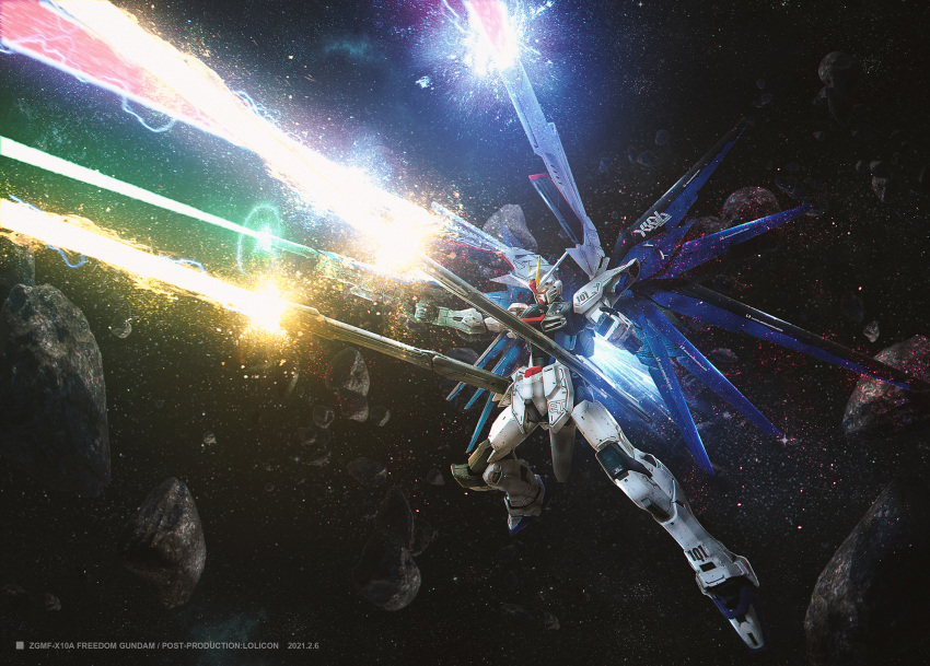 asteroid firing freedom_gundam gundam gundam_seed highres lolicon_(lolicon42051636) mecha no_humans space