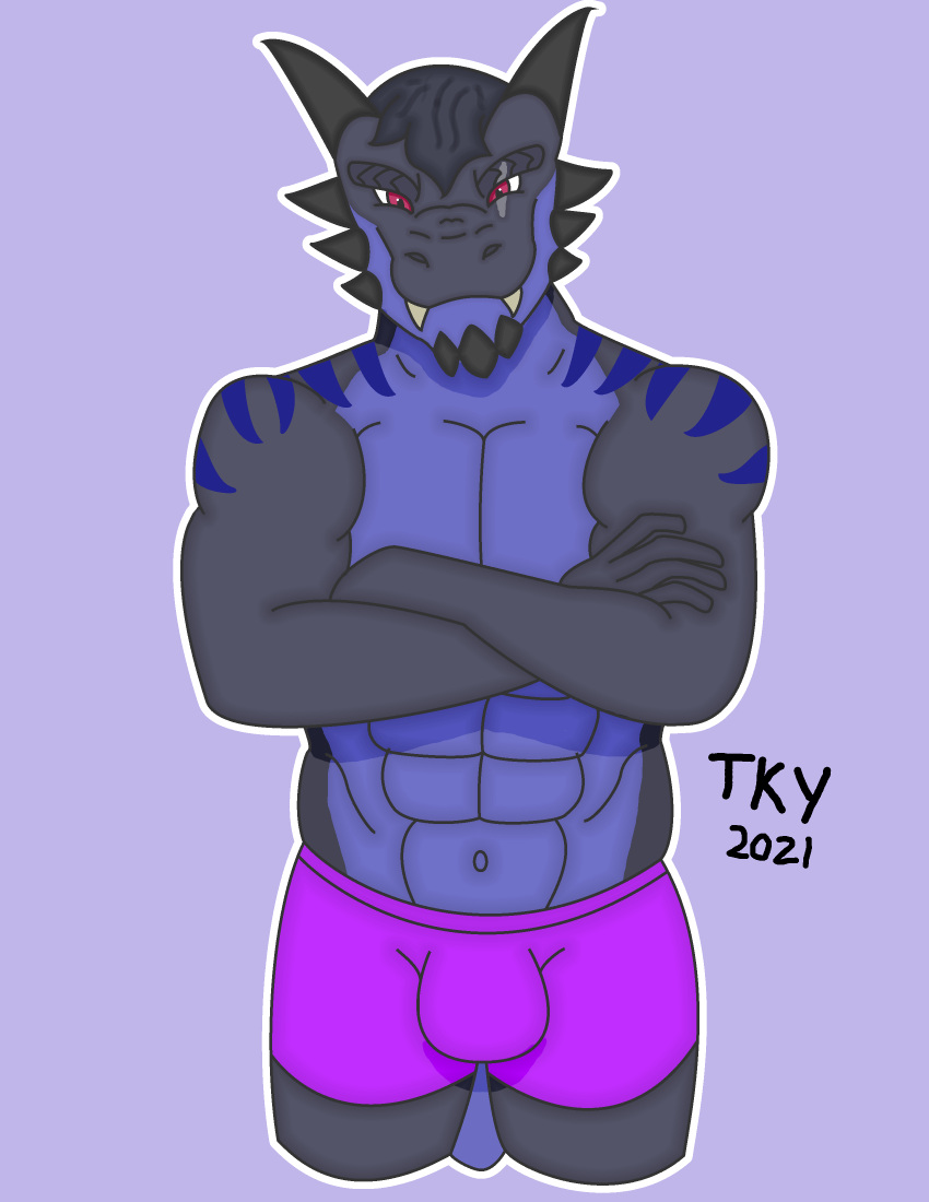 absurd_res anthro black_body black_skin blue_body blue_markings blue_skin bottomwear bulge clothing crossed_arms dragon eye_scar facial_scar facial_spikes hi_res horn looking_at_viewer male markings muscular muscular_male narrowed_eyes purple_bottomwear purple_clothing purple_shorts red_eyes scar shorts simple_background smile solo spikes spikes_(anatomy) tackykat teeth vick_(tackykat)