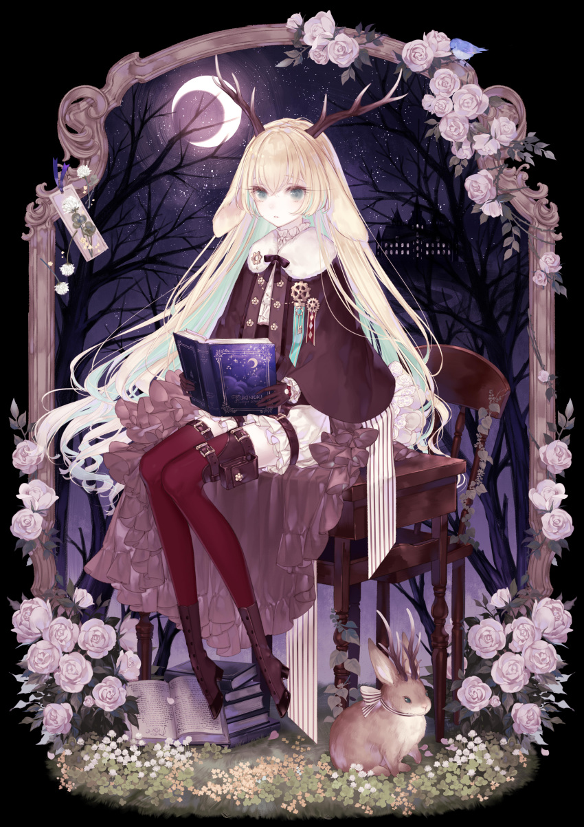 1girl absurdres animal animare antlers bangs black_gloves blonde_hair book boots chair character_request check_copyright copyright_request crescent_moon flower full_body gloves grey_eyes highres leaf long_hair looking_at_viewer moon open_book parted_lips rose sitting sitting_on_table solo table thighhighs very_long_hair virtual_youtuber white_flower white_rose yellow_flower yoggi_(stretchmen)