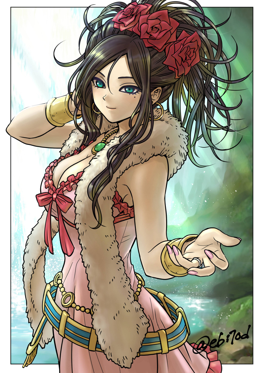 1girl absurdres aqua_eyes belly_chain belt black_hair blue_eyes border bracelet breasts cleavage closed_mouth deborah_(dq5) dragon_quest dragon_quest_v dress earrings ebiten_(ebi10d) feather_boa flower frilled_dress frills hair_flower hair_ornament highres hoop_earrings jewelry large_breasts long_hair mole mole_under_eye nail_polish necklace outstretched_hand pendant pink_dress pink_nails ponytail red_flower red_rose ring rose smile solo twitter_username wedding_band