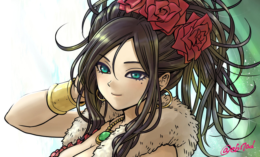 1girl aqua_eyes black_hair breasts cleavage close-up closed_mouth deborah_(dq5) dragon_quest dragon_quest_v earrings ebiten_(ebi10d) flower hair_flower hair_ornament highres hoop_earrings jewelry mole mole_under_eye necklace pendant ponytail red_flower red_rose rose smile solo twitter_username