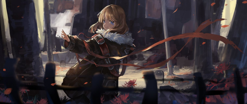 1girl bangs blonde_hair blue_eyes blurry blurry_background blurry_foreground closed_mouth coat commentary_request darkers day depth_of_field fence flower fur-trimmed_coat fur_trim graveyard long_sleeves looking_at_viewer looking_back military original outdoors outstretched_arm petals scenery smile solo spider_lily standing tombstone wide_shot wind