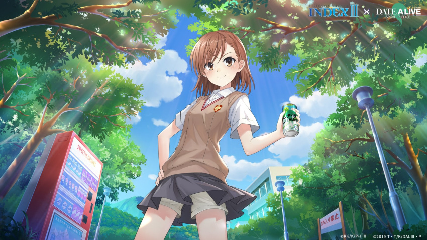 1girl alansabrina118 bangs bob_cut brown_eyes brown_hair brown_sweater_vest can cloud cloudy_sky cowboy_shot day dress_shirt drink foliage from_below furrowed_eyebrows grey_skirt hand_on_hip highres holding holding_can holding_drink lamppost light_blush light_rays looking_at_viewer misaka_mikoto mountain outdoors park pleated_skirt school_uniform shirt short_hair short_sleeves shorts shorts_under_skirt sign skirt sky smile solo standing sunbeam sunlight sweater_vest toaru_kagaku_no_railgun toaru_majutsu_no_index tokiwadai_school_uniform translated tree vending_machine white_shirt white_shorts