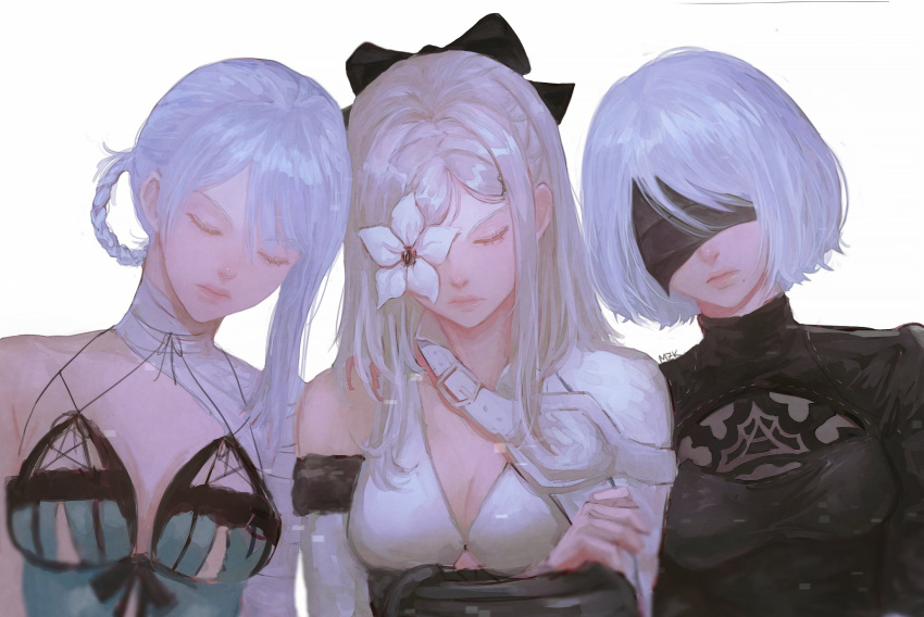 3girls black_bow blindfold bow breasts cleavage closed_eyes crossed_arms drag-on_dragoon drag-on_dragoon_3 flower_over_eye ggyomz hair_bow highres kaine_(nier) leaning_on_person multiple_girls nier nier_(series) nier_automata short_hair silver_hair simple_background upper_body yorha_no._2_type_b zero_(drag-on_dragoon)