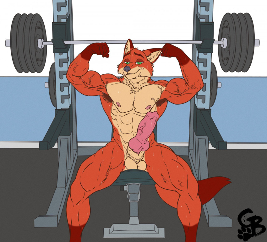 abs anthro armpit_hair biceps big_penis bodily_fluids body_hair canid canine disney erection exercise flexing fox genitals goldeyboi gym male mammal muscular muscular_legs muscular_male nick_wilde nude pecs penis solo sweat veiny_muscles weightlifting weights workout zootopia