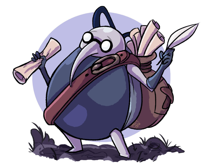 2020 4_fingers anthro arthropod backpack cornifer_(hollow_knight) eggmanfan91 eyewear fingers glasses hi_res holding_object hollow_knight signature solo team_cherry video_games