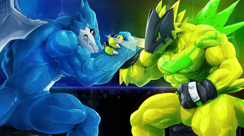 arm_wrestling bulkmon clenched_teeth digimon digimon_(species) dragon duo exveemon hi_res male muscular muscular_male teeth waddledox