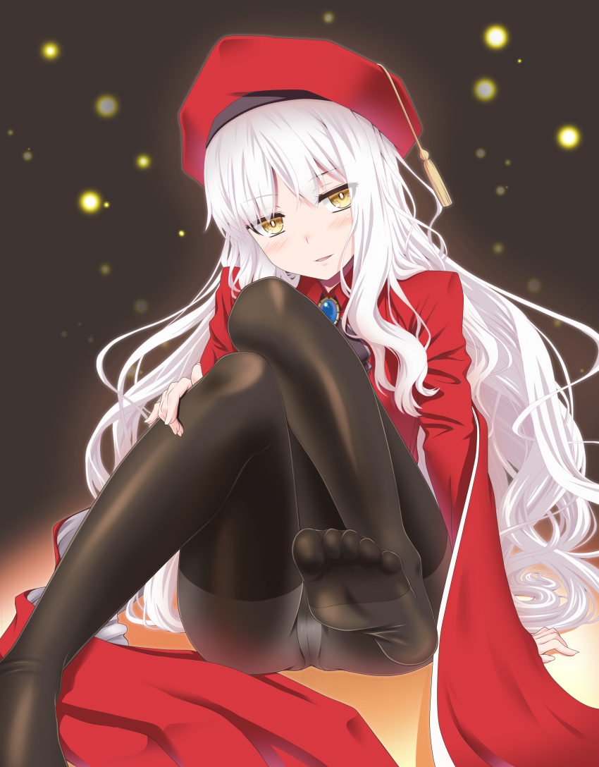 1girl absurdres bangs beret black_legwear blush breasts brooch caren_hortensia caren_hortensia_(amor_caren) dress fate/grand_order fate_(series) feet fumitsunenaro hat highres jewelry legs long_hair long_sleeves looking_at_viewer medium_breasts neck_ribbon pantyhose red_dress red_headwear ribbon shawl sitting smile toes wavy_hair white_hair yellow_eyes