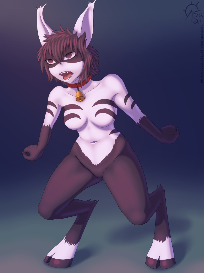 2021 absurd_res anthro bell bell_collar black_body black_fur breasts collar collar_only featureless_breasts featureless_crotch female fur hair hi_res hooves mammal monster_girl_(genre) navel nude one-punch_man one_(manga) open_mouth sacrificabominat short_hair solo stripes unknown_species unnamed_character white_body white_fur
