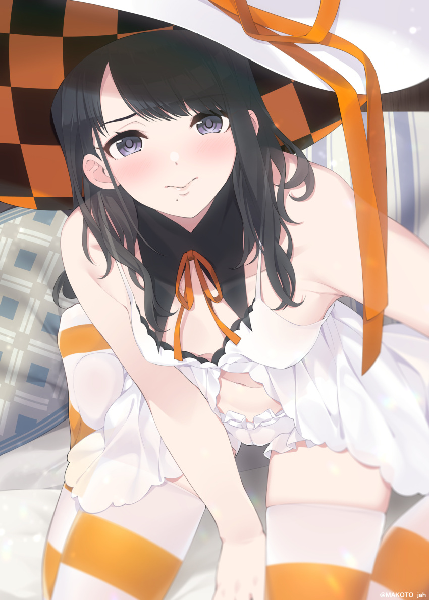 black_hair bloomers checkered checkered_headwear couch detached_collar hat hat_ribbon highres idolmaster idolmaster_shiny_colors kazano_hiori long_hair looking_at_viewer midriff mizuki_makoto mole mole_under_mouth navel neck_ribbon ribbon sitting striped striped_legwear thighhighs underwear white_headwear witch_hat