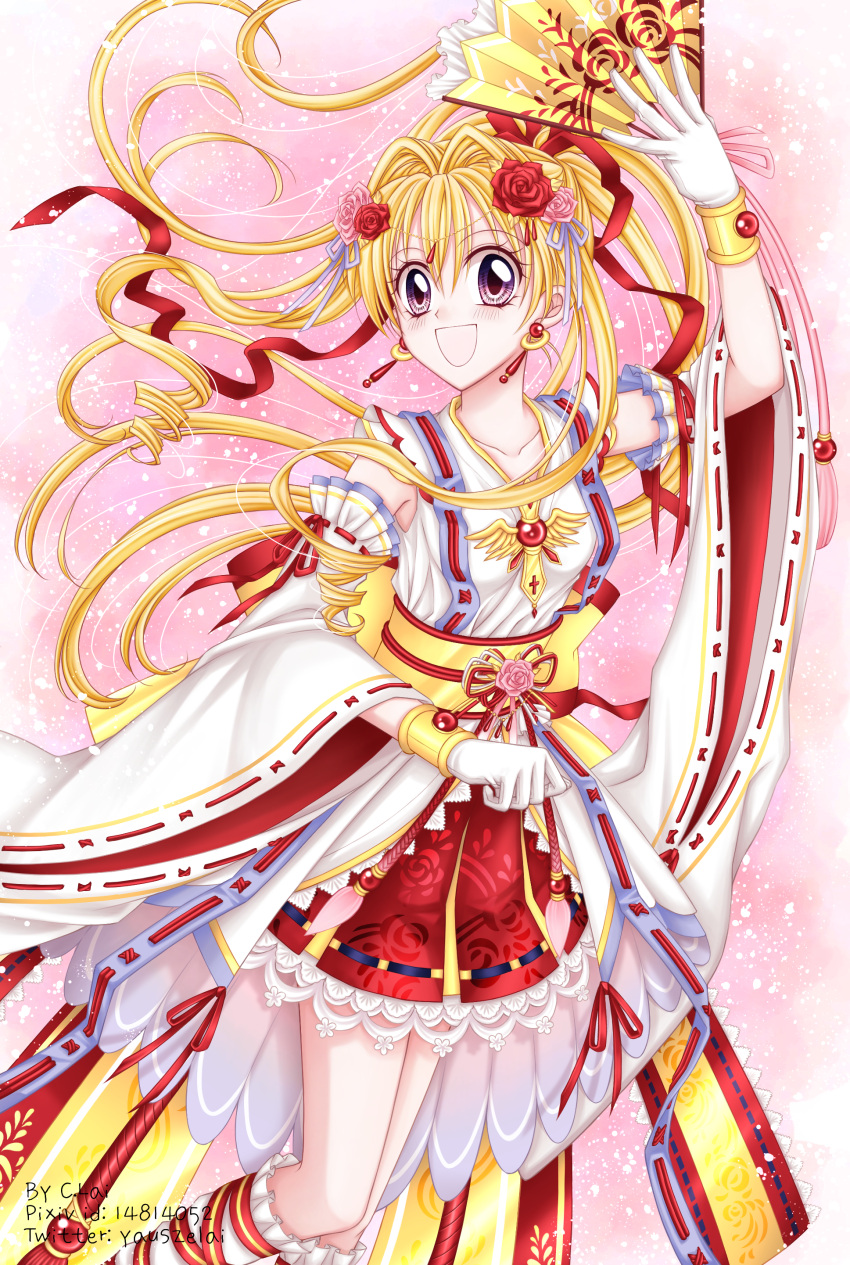 1girl :d absurdres back_bow blonde_hair boots bow clai.y detached_sleeves earrings embellished_costume fan floral_print flower gloves hair_bow hair_flower hair_intakes hair_ornament hair_ribbon highres holding holding_fan jewelry kaitou_jeanne kamikaze_kaitou_jeanne knee_boots kusakabe_maron long_hair looking_at_viewer magical_girl official_style open_mouth pink_background pink_flower pink_rose ponytail print_skirt purple_eyes red_bow red_flower red_ribbon red_rose red_skirt ribbon rose signature skirt smile solo twitter_username white_footwear white_gloves white_sleeves yellow_bow