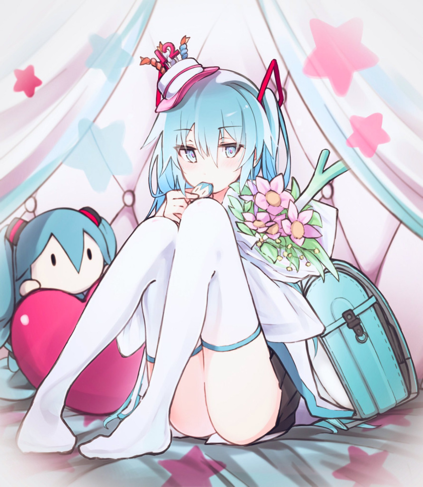 1girl aqua_eyes aqua_hair azarasi_haru backpack backpack_removed bad_id bad_pixiv_id bag bed birthday black_skirt bouquet character_doll cookie eating eyebrows_visible_through_hair flower food full_body hair_between_eyes hat hatsune_miku heart heart_pillow highres holding holding_bouquet holding_cookie holding_food knees_up looking_at_viewer mini_hat pillow pink_flower pleated_skirt sitting skirt solo spring_onion star_(symbol) thighhighs twintails vocaloid white_legwear