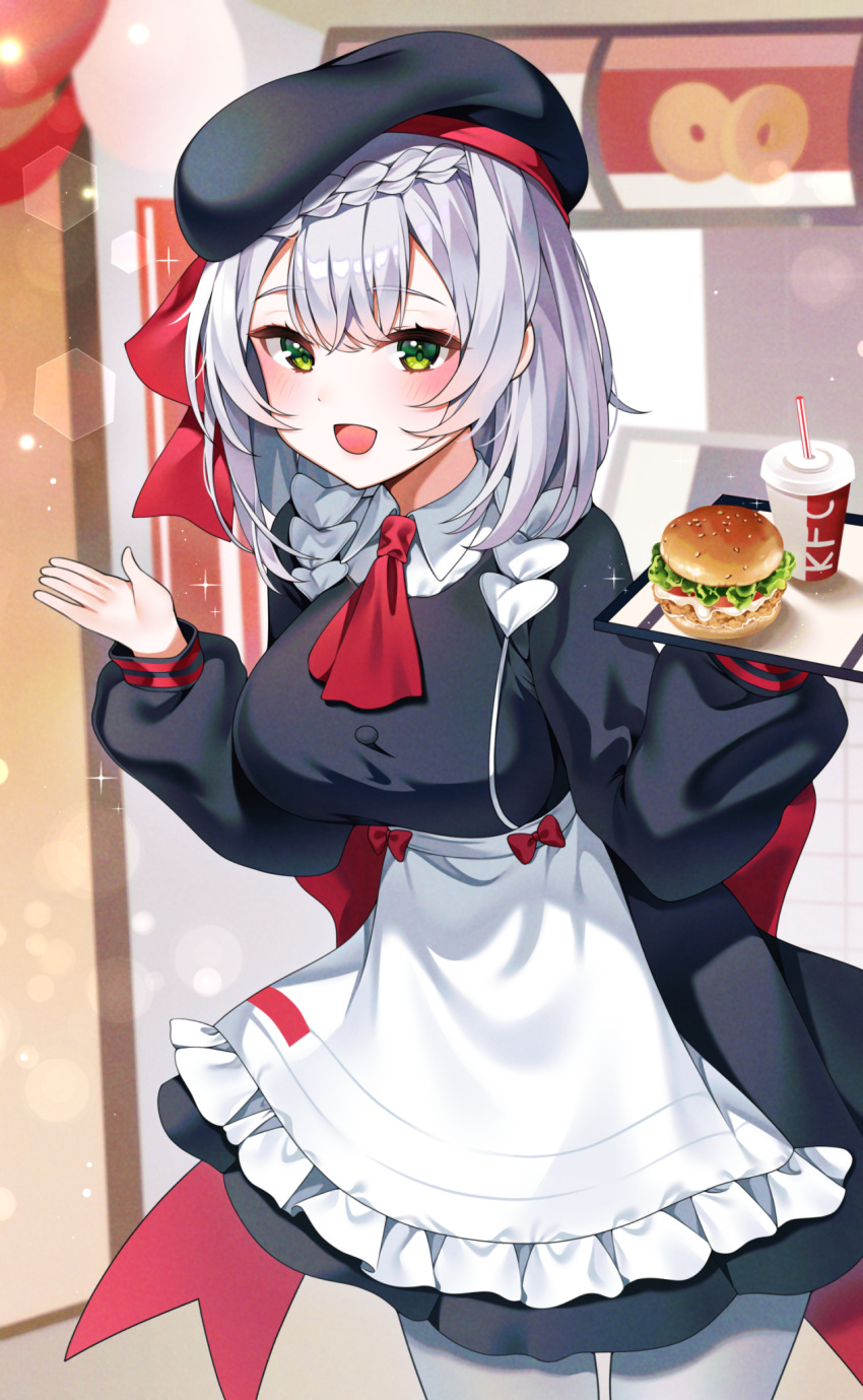 1girl :d apron ascot bangs beret black_dress black_headwear blurry blurry_background blush bow braid breasts collared_shirt commentary_request cup depth_of_field disposable_cup dress drinking_straw eyebrows_visible_through_hair fast_food food frilled_apron frills genshin_impact green_eyes hair_between_eyes hamburger hands_up hat highres kfc long_hair long_sleeves medium_breasts noelle_(genshin_impact) open_mouth pantyhose puffy_long_sleeves puffy_sleeves red_bow red_neckwear reel_(riru) shirt silver_hair smile solo waist_apron white_apron white_legwear white_shirt