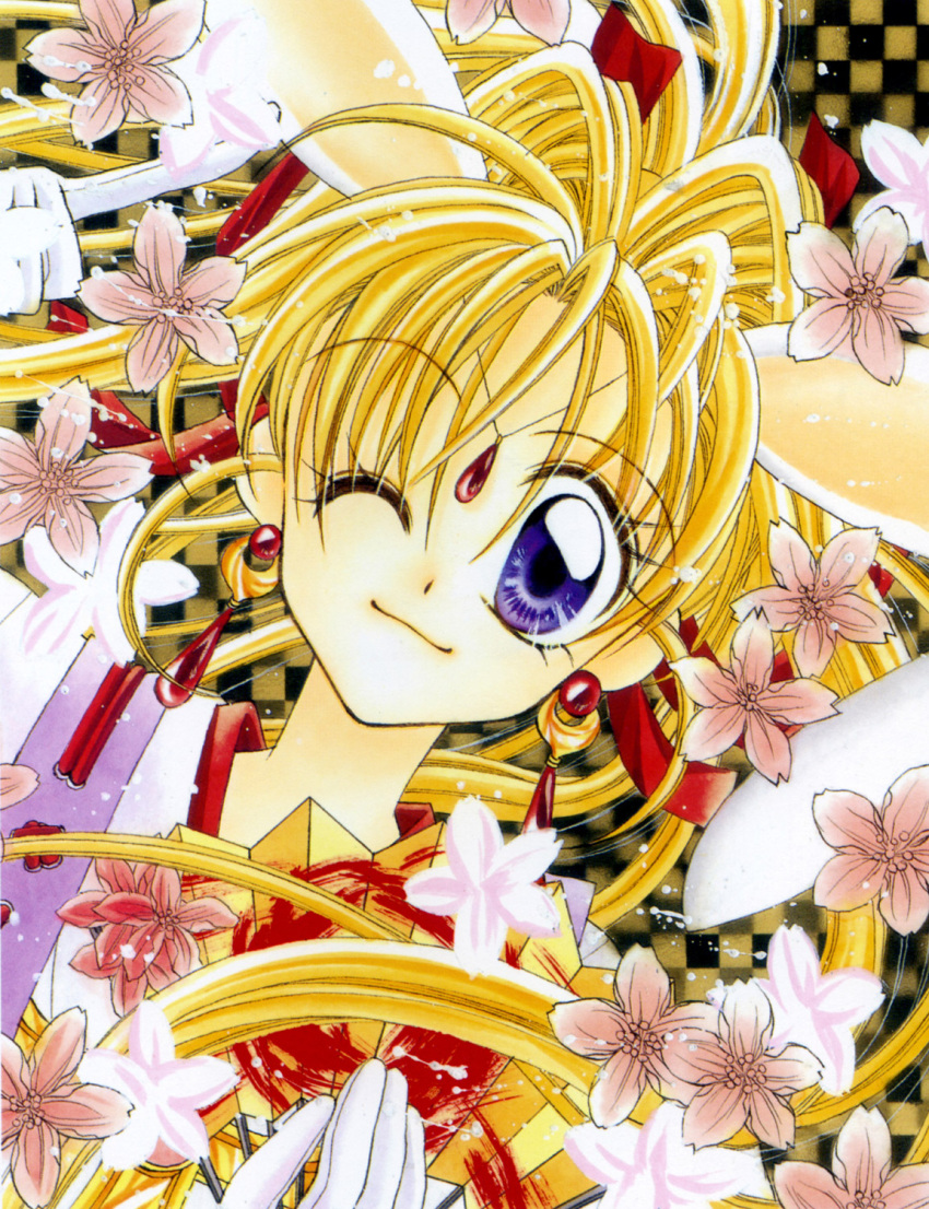 1990s_(style) 1girl animal_ears blonde_hair bunny_ears checkered checkered_background cherry_blossoms close-up closed_mouth earrings extra_ears face fan flower gloves hair_intakes hair_ribbon highres holding holding_fan jewelry kaitou_jeanne kamikaze_kaitou_jeanne kusakabe_maron long_hair looking_at_viewer magical_girl official_art one_eye_closed pointing ponytail purple_eyes red_ribbon retro_artstyle ribbon scan smile solo tanemura_arina white_gloves