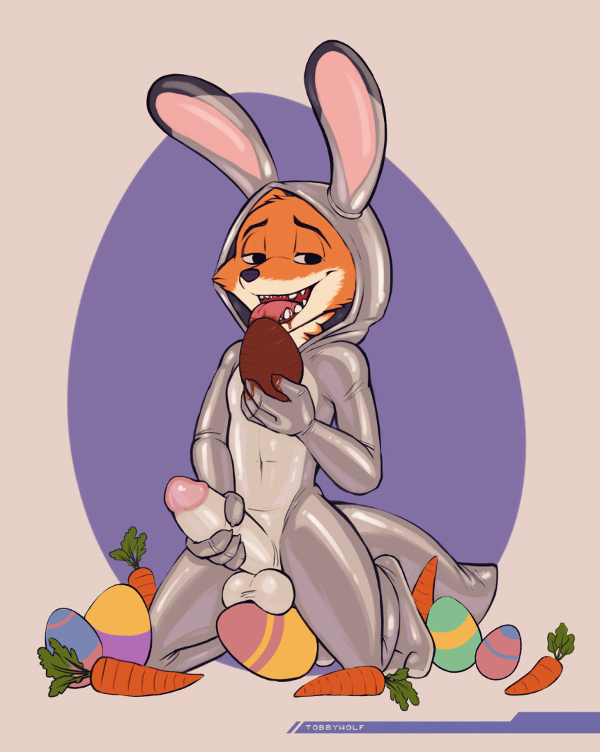 candy canid canine carrot chocolate chocolate_egg clothing cosplay dessert disney easter egg food fox fur hi_res holidays male mammal masturbation nick_wilde orange_body orange_fur plant rubber rubber_suit solo tobbywolf vegetable zootopia