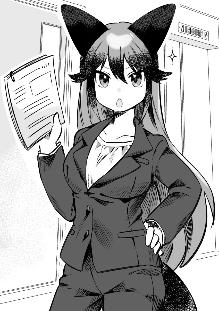 1girl alternate_costume animal_ears blush commentary_request cowboy_shot eyebrows_visible_through_hair formal fox_ears fox_girl fox_tail greyscale hand_on_hip highres kemono_friends long_sleeves looking_at_viewer monochrome office_lady pant_suit papers silver_fox_(kemono_friends) solo sparkle suicchonsuisui suit suit_jacket tail