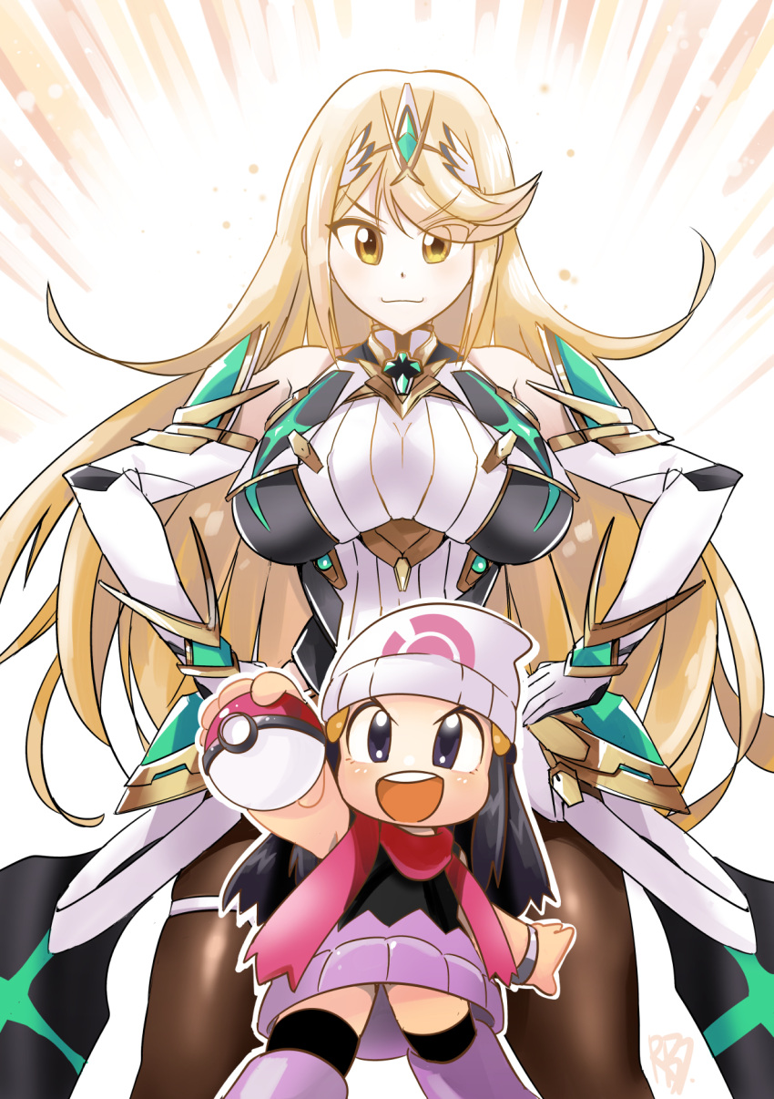 bangs bare_shoulders blonde_hair breasts chest_jewel chibi crossover dawn_(pokemon) dress earrings elbow_gloves gloves highres jewelry large_breasts long_hair miniskirt mythra_(xenoblade) namesake poke_ball pokemon pokemon_(game) pokemon_dppt robojanai scarf short_dress skirt super_smash_bros. swept_bangs thigh_strap tiara very_long_hair white_dress white_gloves xenoblade_chronicles_(series) xenoblade_chronicles_2 yellow_eyes