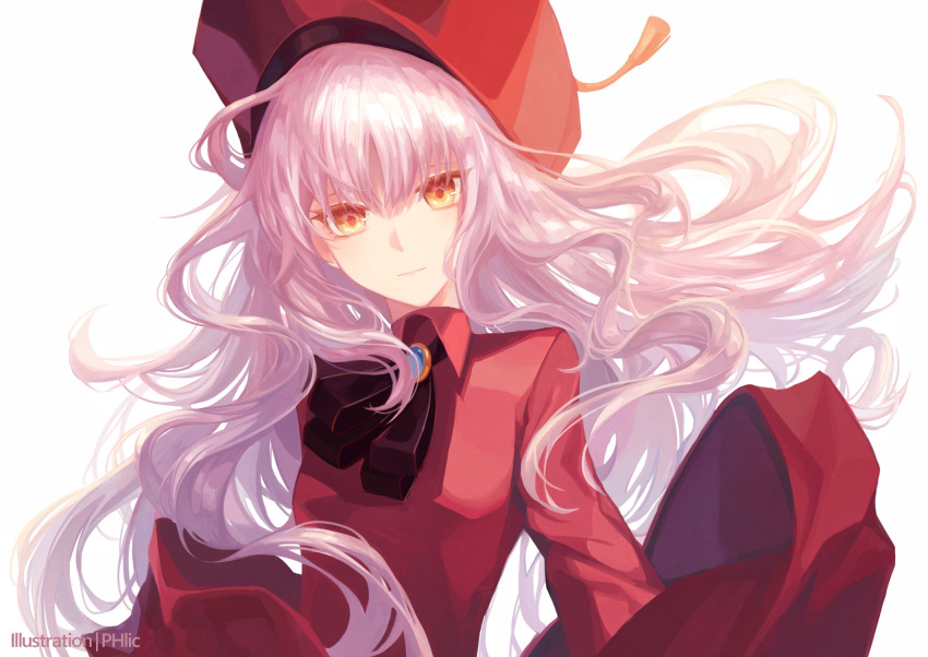 1girl bangs beret breasts brooch caren_hortensia caren_hortensia_(amor_caren) dress fate/grand_order fate_(series) hat highres jewelry long_hair long_sleeves looking_at_viewer neck_ribbon phlic red_dress red_headwear ribbon shawl small_breasts wavy_hair white_hair yellow_eyes