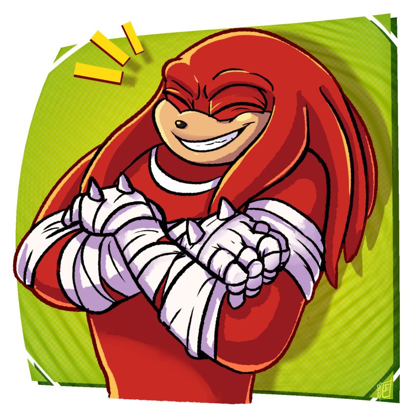 2020 anthro armwear clothing crossed_arms echidna eggmanfan91 eyes_closed hi_res knuckles_the_echidna male mammal monotreme signature smile solo sonic_the_hedgehog_(series) teeth video_games