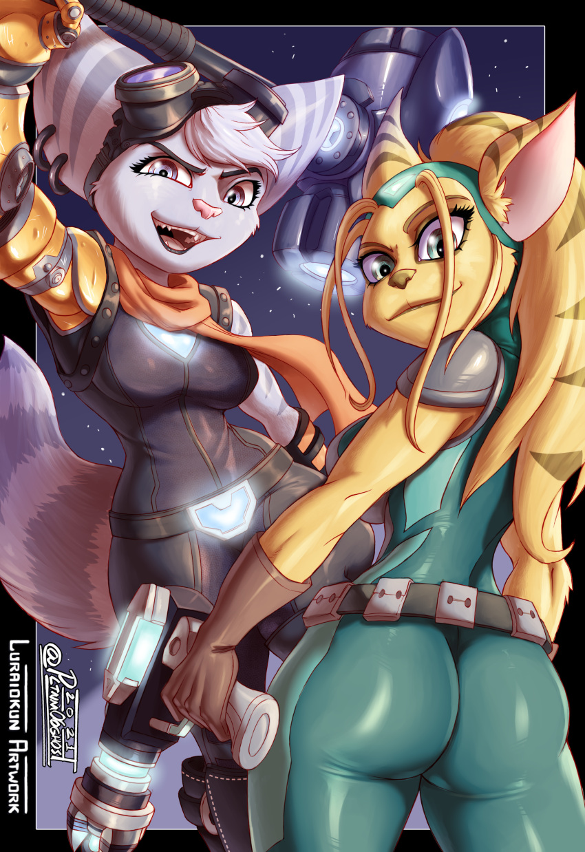 absurd_res angela_cross anthro big_butt butt collaboration duo female gun hi_res insomniac_games lombax looking_at_viewer luraiokun mammal pltnm06ghost ranged_weapon ratchet_and_clank rift_apart_lombax smile sony_corporation sony_interactive_entertainment video_games weapon