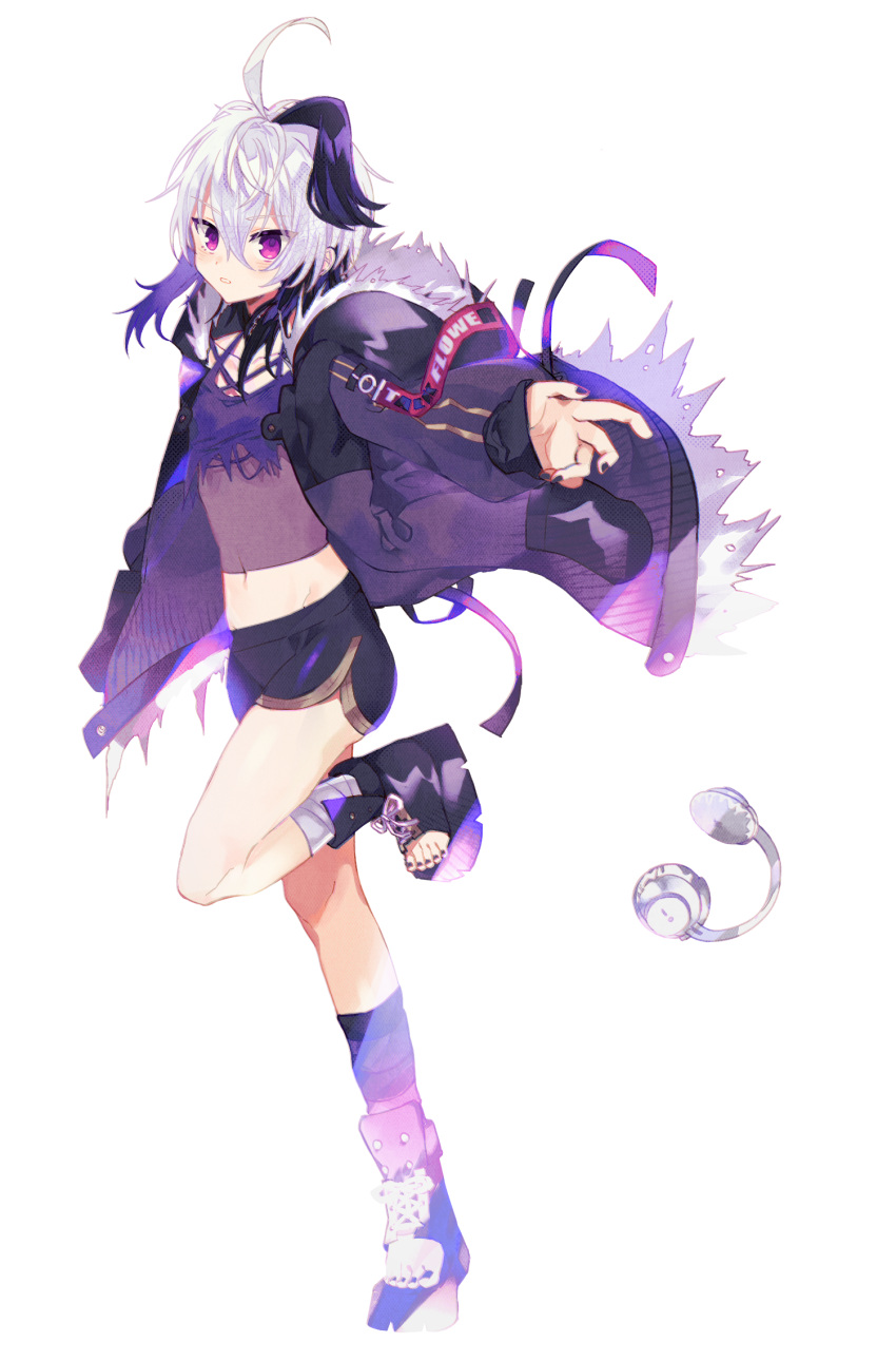 1girl ahoge bandaged_leg bandages bangs belt bike_shorts boots character_name crop_top eyebrows_visible_through_hair flower_(vocaloid) from_side full_body fur-trimmed_jacket fur_trim gynoid_talk hair_between_eyes headphones headphones_removed highres hood hooded_jacket jacket leg_up leg_warmers looking_at_viewer looking_to_the_side medium_hair midriff mismatched_legwear miwasiba multicolored_hair nail_polish navel official_art open_mouth outstretched_arm platform_footwear purple_eyes purple_footwear purple_hair purple_jacket purple_nails purple_shirt purple_shorts see-through_shirt shirt shorts sidelocks solo standing standing_on_one_leg streaked_hair striped striped_legwear toeless_footwear torn_clothes torn_shirt transparent_background two-tone_hair v_flower_(gynoid_talk) v_flower_(vocaloid4) vocaloid white_hair