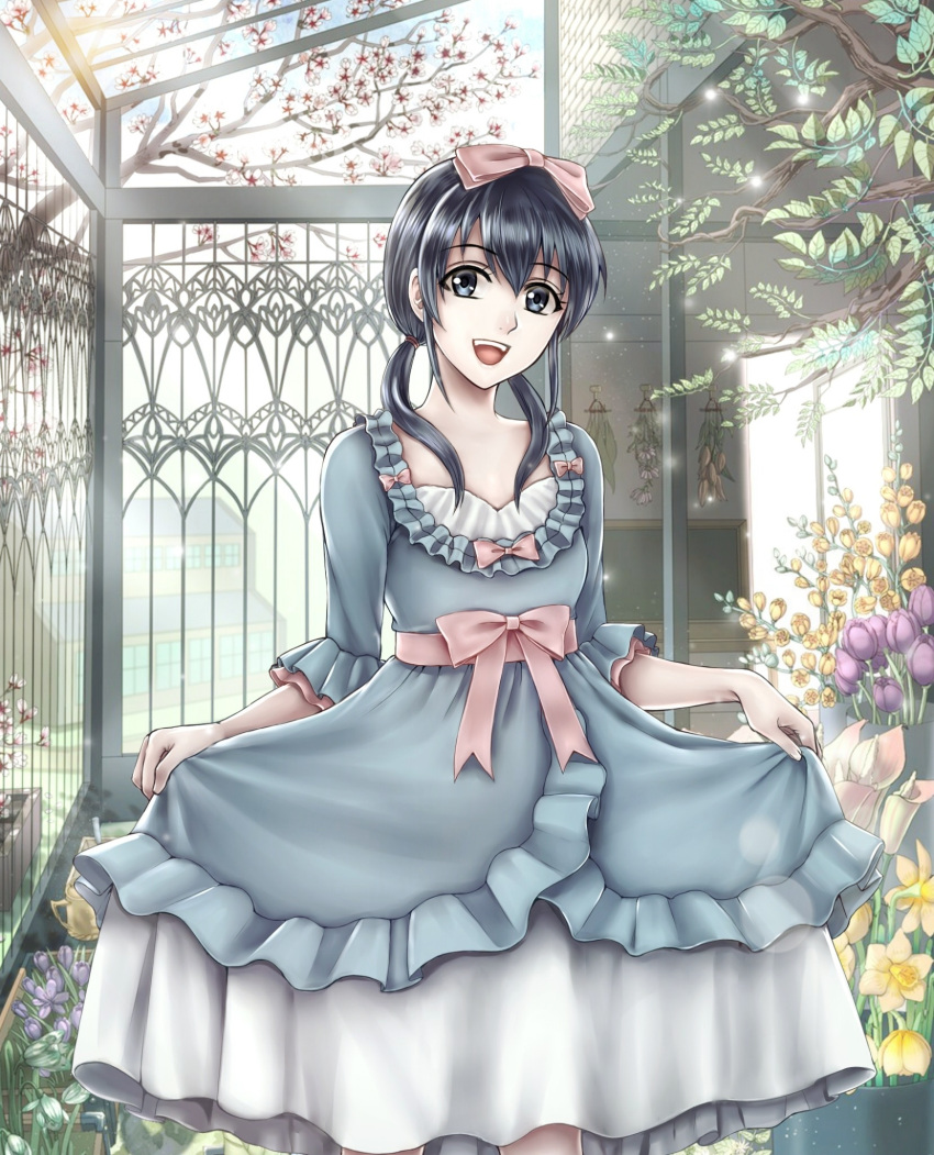 1girl bangs black_hair blue_dress blue_eyes bow cherry_blossoms corpse_party cpsuna5119 dress flower garden glowing greenhouse hair_bow hair_ribbon highres indoors long_hair looking_at_viewer low_twintails open_mouth pink_ribbon plant ribbon shinozaki_ayumi skirt_hold smile solo sunlight tree tulip twintails