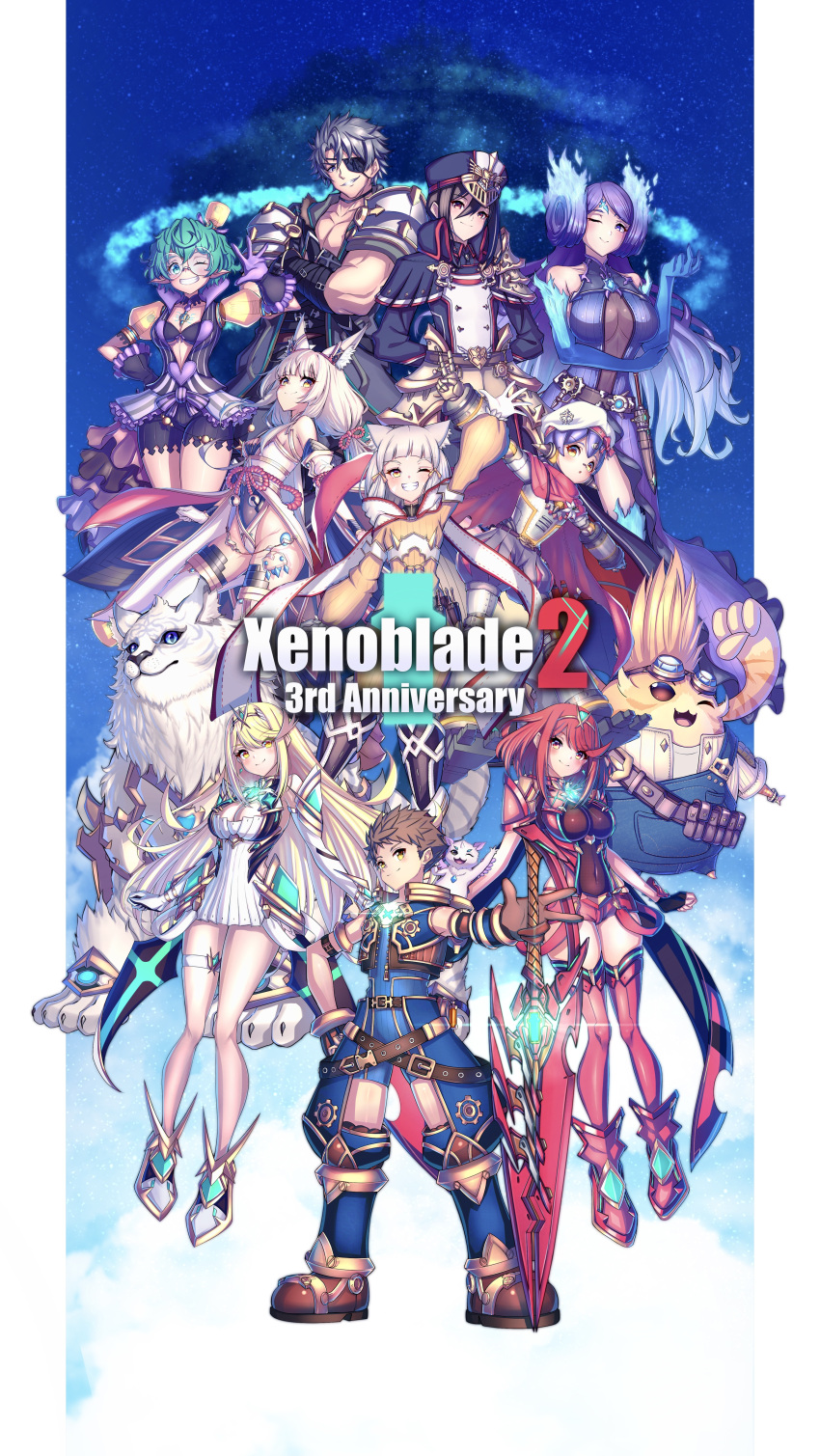 absurdres animal_ears azurda_(xenoblade) bangs bare_legs bare_shoulders black_gloves blonde_hair blunt_bangs bodysuit breasts brighid_(xenoblade) cat_ears cat_girl chest_jewel cleavage cleavage_cutout clothing_cutout detached_sleeves dress dromarch_(xenoblade) earrings elbow_gloves facial_mark fingerless_gloves gloves hakusai_(hksicabb) highleg highleg_leotard highres jewelry large_breasts leotard long_hair low_twintails morag_ladair_(xenoblade) mythra_(xenoblade) nia_(blade)_(xenoblade) nia_(xenoblade) pandoria_(xenoblade) poppi_(xenoblade) pyra_(xenoblade) red_eyes red_hair red_legwear red_shorts rex_(xenoblade) short_dress short_hair short_shorts shorts silver_hair small_breasts swept_bangs swimsuit sword thigh_strap thighhighs tiara tora_(xenoblade_2) twintails very_long_hair weapon white_dress white_footwear white_gloves white_swimsuit xenoblade_chronicles_(series) xenoblade_chronicles_2 yellow_bodysuit yellow_eyes yellow_swimsuit zeke_von_genbu_(xenoblade)