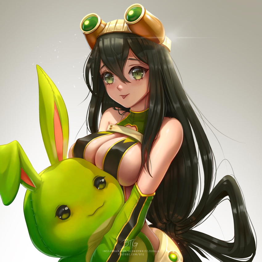 1girl :p asui_tsuyu bangs bare_shoulders black_hair blondynkitezgraja boku_no_hero_academia bow_by_hair breasts cleavage commentary covered_nipples detached_sleeves english_commentary green_eyes grey_background hair_between_eyes highres instagram_username large_breasts long_hair looking_at_viewer object_hug signature solo stuffed_animal stuffed_toy tied_hair tongue tongue_out upper_body very_long_hair watermark web_address youtube_username