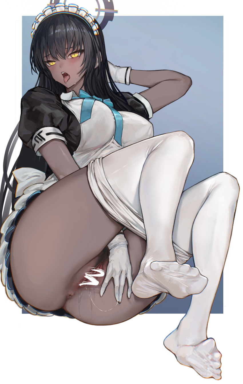 1girl absurdres apron blue_archive blue_neckwear censored dark_skin dark_skinned_female defecating enema feet gloves highres karin_(blue_archive) maid maid_headdress no_panties open_mouth pantyhose peeing puffy_short_sleeves puffy_sleeves pussy short_sleeves soles toes westking white_apron white_gloves white_legwear yellow_eyes