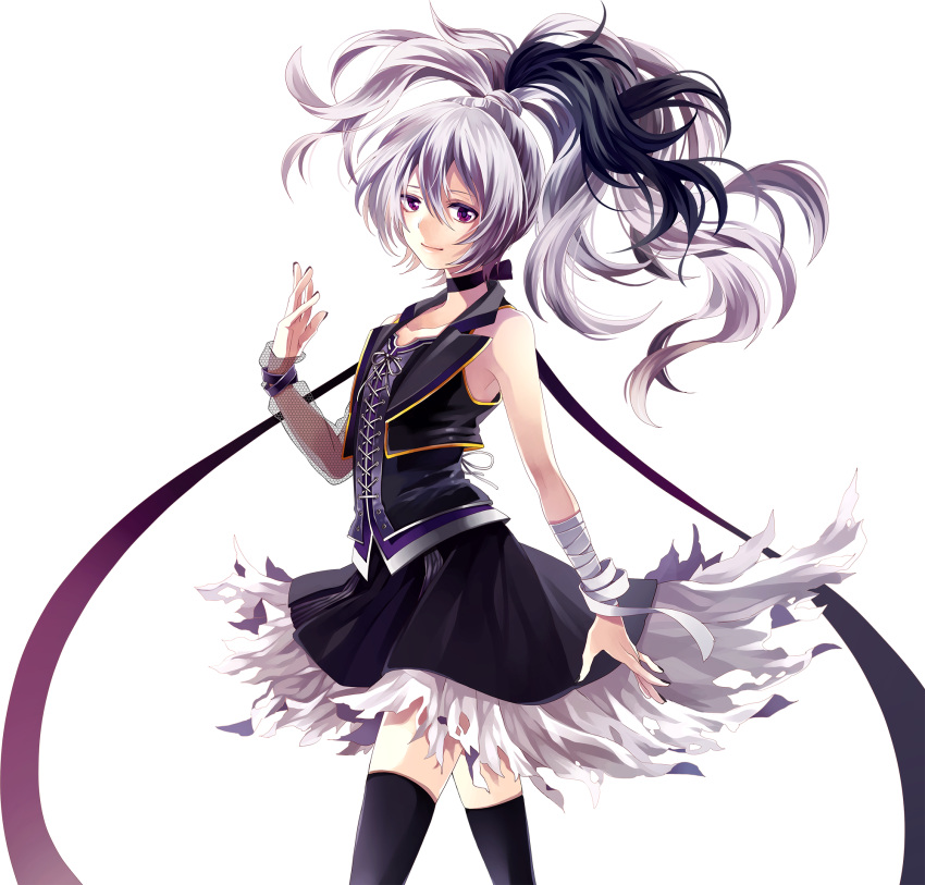 1girl arm_warmers bandaged_arm bandages bare_shoulders black_legwear black_nails boots choker closed_mouth cowboy_shot fishnet_armwear flower_(vocaloid) fur-trimmed_skirt fur_trim hand_up highres lace-up long_hair looking_at_viewer multicolored_hair nail_polish official_art purple_eyes purple_hair purple_legwear purple_nails purple_skirt skirt sleeveless smile standing streaked_hair thighhighs transparent_background two-tone_hair vest vocaloid white_hair yamako_(state_of_children) zettai_ryouiki