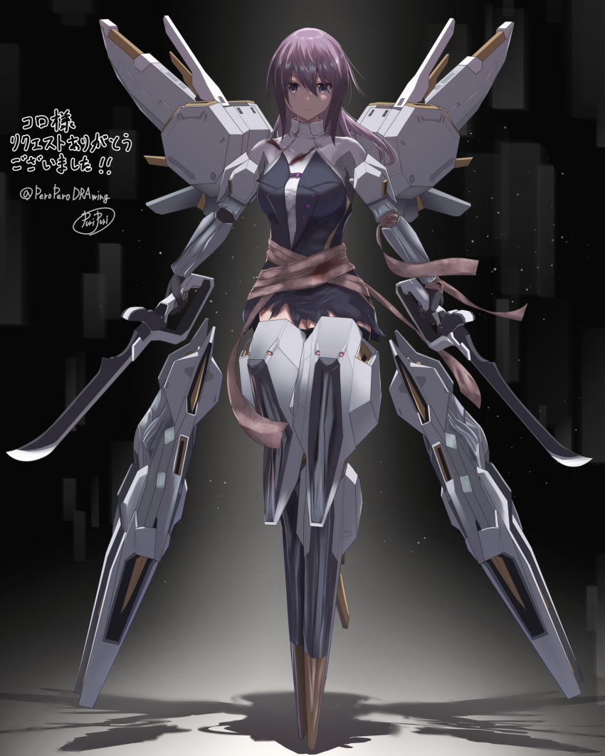 1girl alice_gear_aegis blood closed_mouth cuts dual_wielding full_body highres holding holding_sword holding_weapon injury mecha_musume nikotama_mai puripuri purple_eyes shadow signature solo sword twitter_username weapon