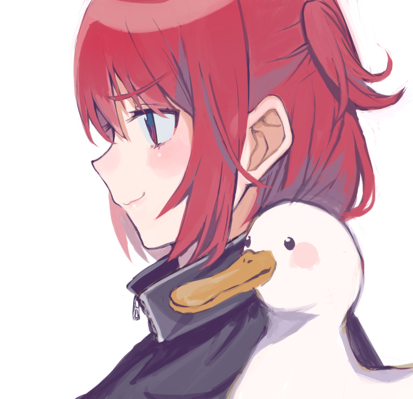 1girl animal bird black_shirt commentary_request duck from_side heremia highres looking_away original profile red_eyes red_hair shirt simple_background solo two_side_up upper_body white_background
