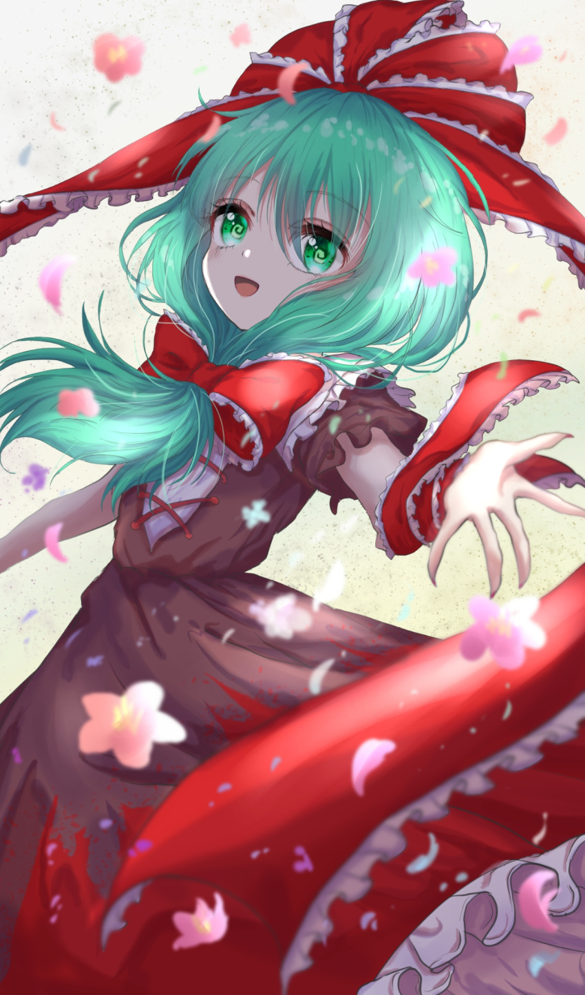 1girl :d @_@ bangs blurry brown_dress cherry_blossoms commentary_request cross-laced_clothes depth_of_field dress eyebrows_visible_through_hair falling_petals feet_out_of_frame fingernails flower front_ponytail green_eyes green_hair hair_over_one_eye highres kagiyama_hina kayon_(touzoku) long_hair looking_at_viewer open_hand open_mouth outstretched_arms palm petals petticoat pink_flower sharp_fingernails simple_background smile solo touhou white_background