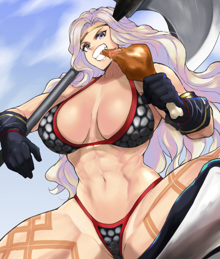 1girl abs amazon amazon_(dragon's_crown) anagumasan armor armored_boots axe battle_axe bikini bikini_armor black_footwear black_gloves blue_sky boots breasts cloud dragon's_crown eating food gloves highres holding holding_weapon large_breasts long_hair meat muscular muscular_female navel purple_eyes silver_bikini silver_hair sky swimsuit tattoo thigh_tattoo turkey_(food) turkey_leg weapon