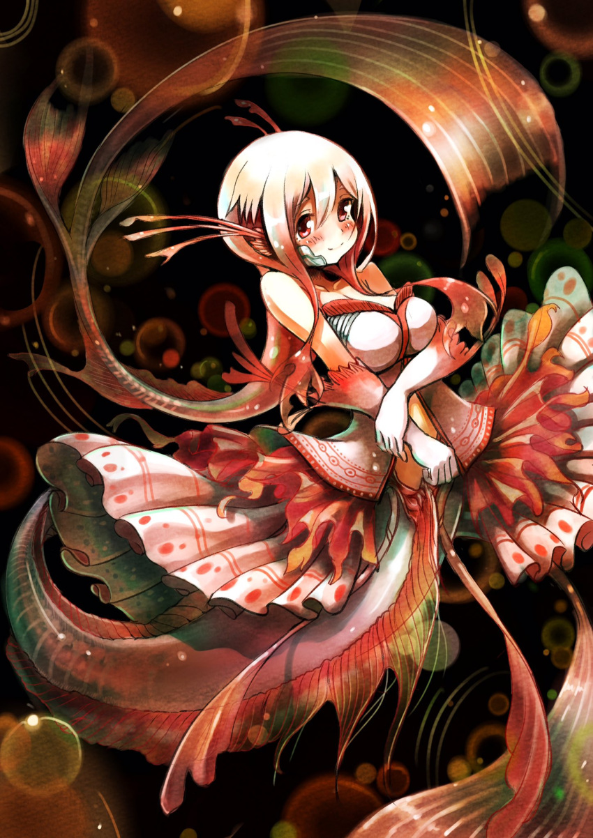 159cm 1girl bare_shoulders blush breasts cleavage closed_mouth gloves gradient_gloves head_fins highres large_breasts looking_at_viewer mermaid miyako_(159cm) monster_girl original red_eyes skirt smile solo white_gloves white_hair white_skirt