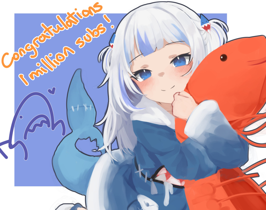 1girl absurdres bangs blue_background blue_hair blue_hoodie blunt_bangs blush border closed_mouth commentary congratulations dot_nose english_commentary fish_tail gawr_gura green_eyes heart highres hololive hololive_english hood hoodie hug klaius long_hair looking_at_viewer milestone_celebration multicolored_hair shark_tail smile solo streaked_hair stuffed_shrimp tail two_side_up white_border white_hair